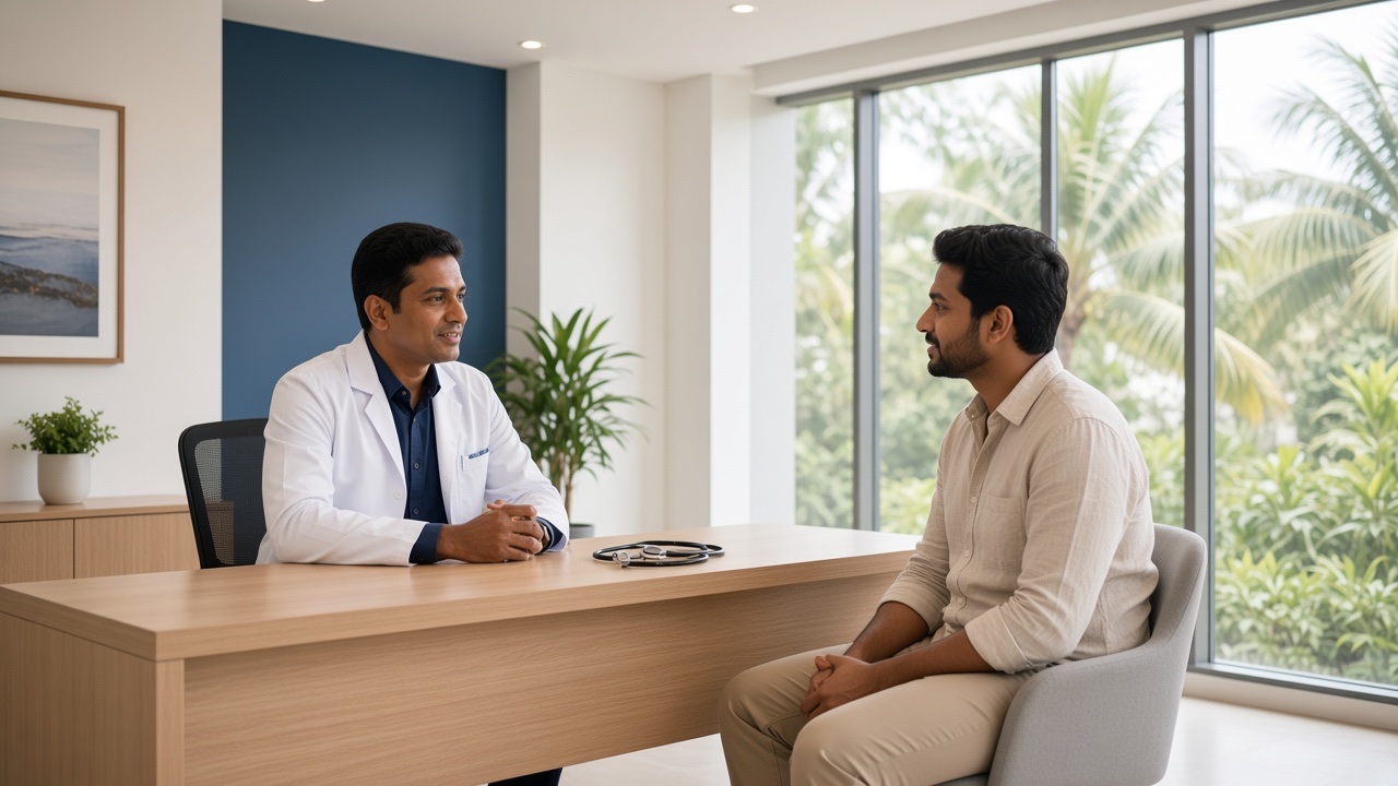 Doctor speaking with a patient across a modern consultation desk