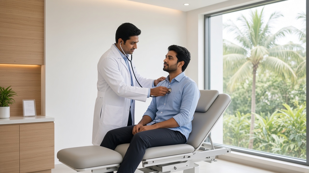 Clinician listening to a patient’s chest in a modern exam room