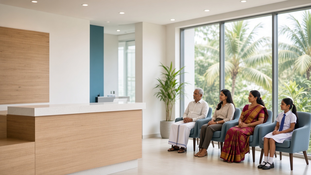 Patients waiting in a bright modern clinic lounge