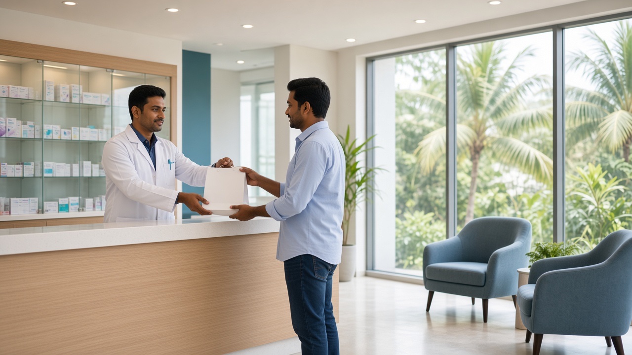 Pharmacist handing a medicine bag across a modern pharmacy counter