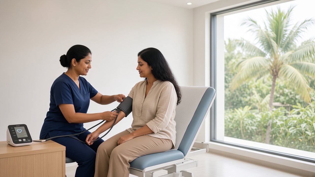 Nurse checking a patient’s blood pressure in a modern screening room